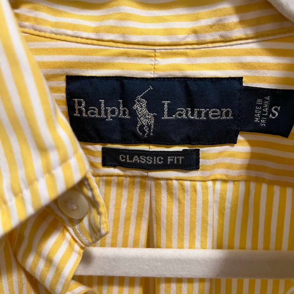 Ralph Lauren Mens Small Classic Fit Short Sleeve Button-Down YellowStriped Shirt